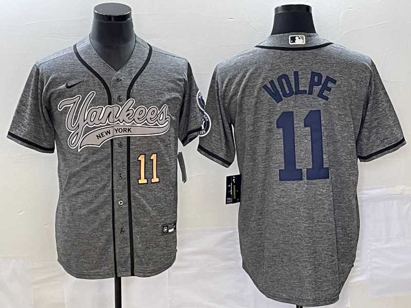 Men%27s New York Yankees #11 Anthony Volpe Number Grey Gridiron Cool Base Stitched Baseball Jersey->new york yankees->MLB Jersey